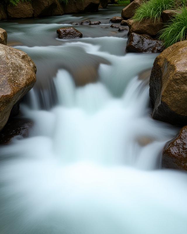 小さな滝が流れる川、水の動きが美しい