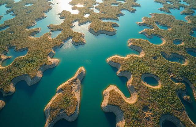 上空から見た複雑なデルタの水路と土地のパターン