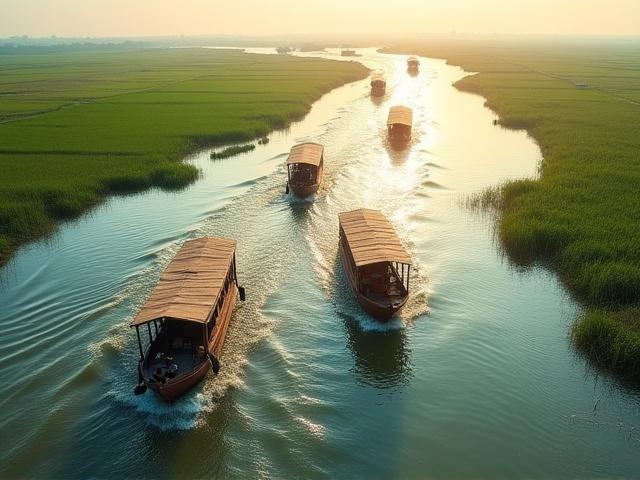 デルタの水路を行き交う伝統的な小舟