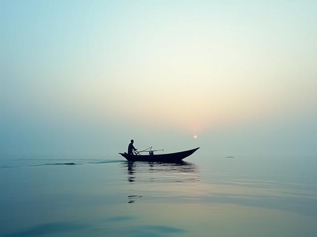 デルタの小舟で釣りをする漁師のシルエット