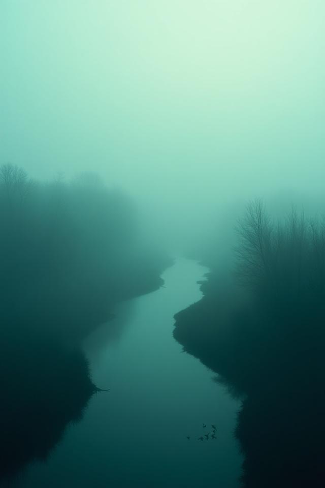 朝霧の中にある神秘的なデルタ地帯の風景