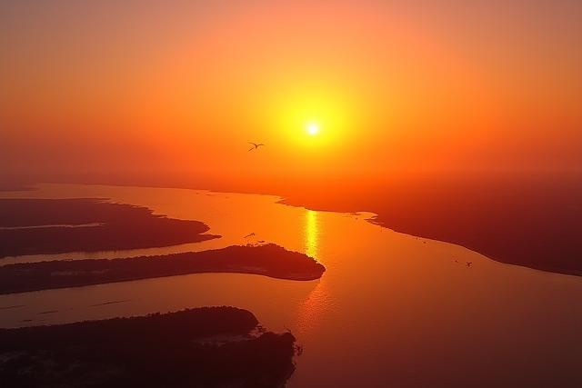 デルタ地帯の美しい日の出、柔らかな光が水面を照らす