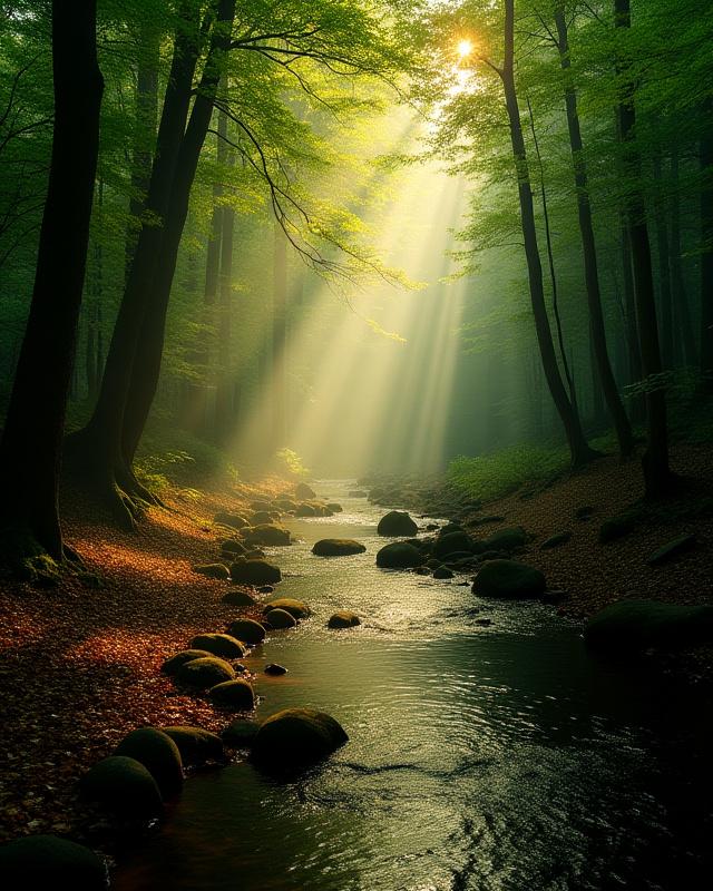 森の中の穏やかな小川、光が差し込む