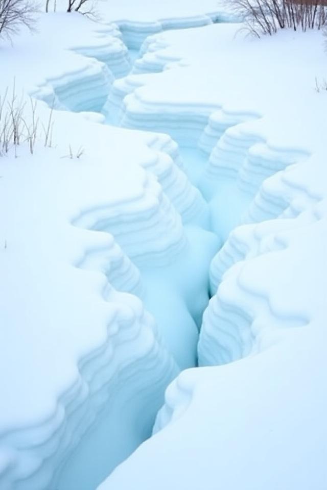 冬の凍りついた川、白い雪と氷の結晶