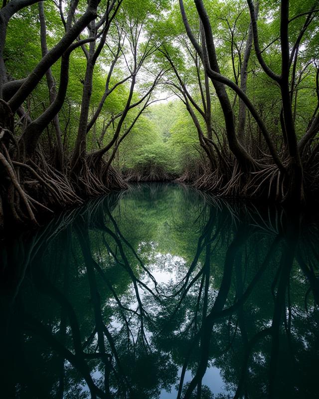 静かな水面に映るマングローブ林の根