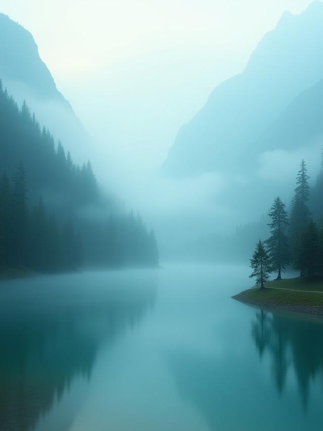 朝霧が立ち込める山間の川、幻想的な雰囲気