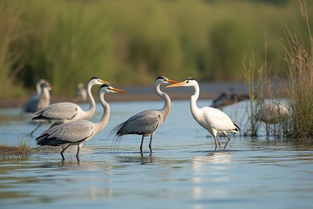 川辺で餌を探す鳥たち、穏やかな自然の瞬間