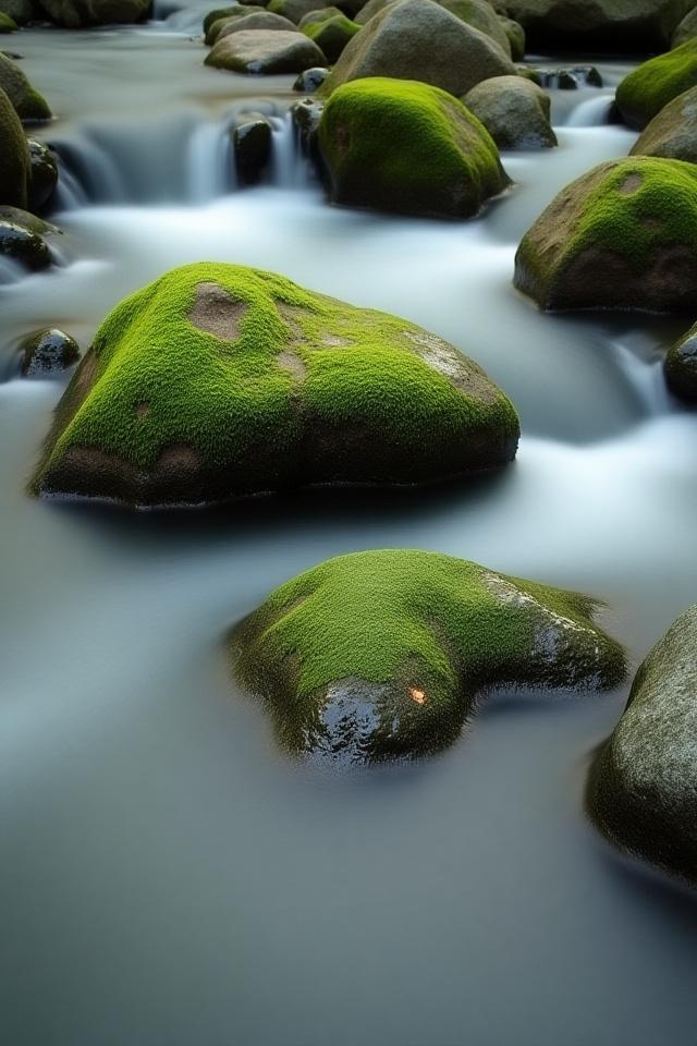 川の中の苔むした岩、水の流れが滑らかに映る