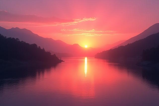 日本の川の夕焼け、水面に映る鮮やかな色彩