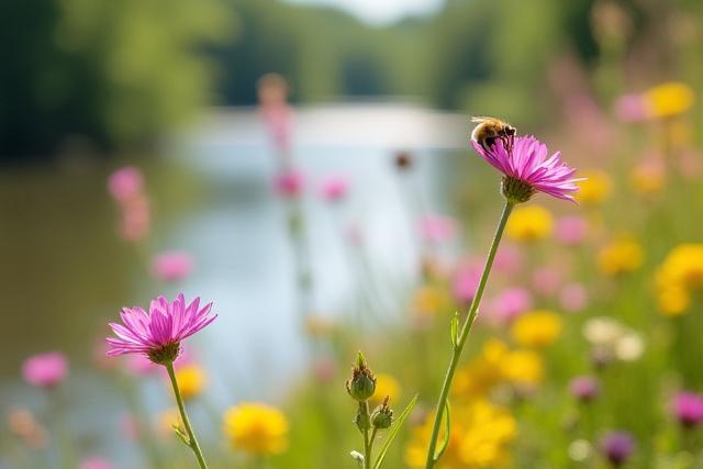 川岸に咲く野生の花々、柔らかな光