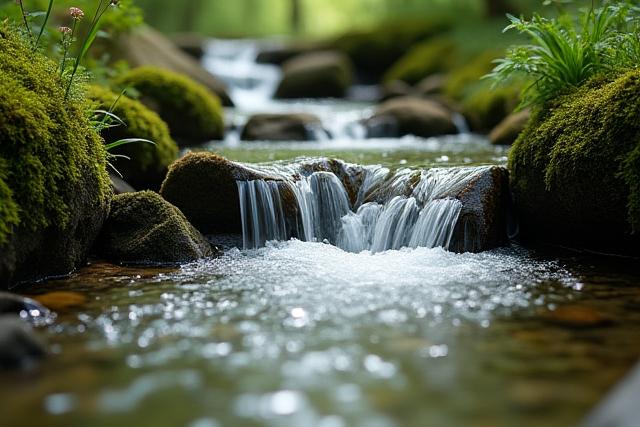 小川を流れる透明な水、岩や植物が見える