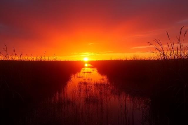 夕焼けに染まる湿地帯、シルエットになった葦