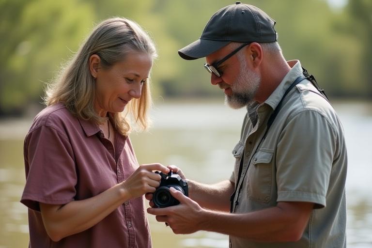 屋外でカメラを構える生徒に指導する親切なインストラクター。