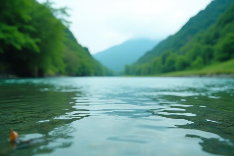 澄んだ川の流れと遠くの山々。水の流動的な美しさを捉えた写真。