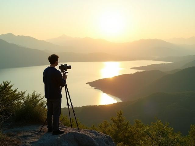 Yukumo Photographyの創設者である田中雄一が日本の美しいデルタの風景の中でカメラを構えている様子